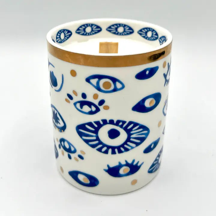 Gold, Blue & White Ceramic "Evil Eye" Candle