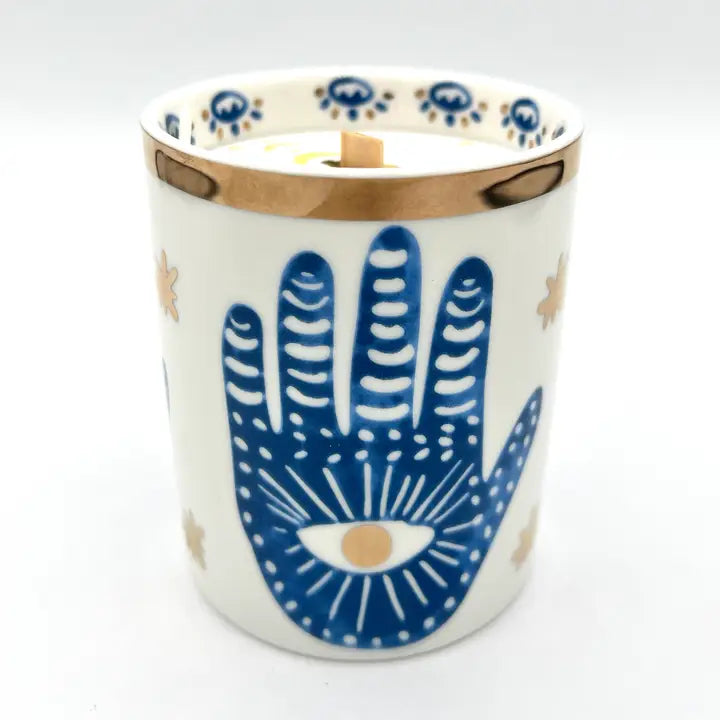 Gold & Blue White Ceramic Hamsa Candle